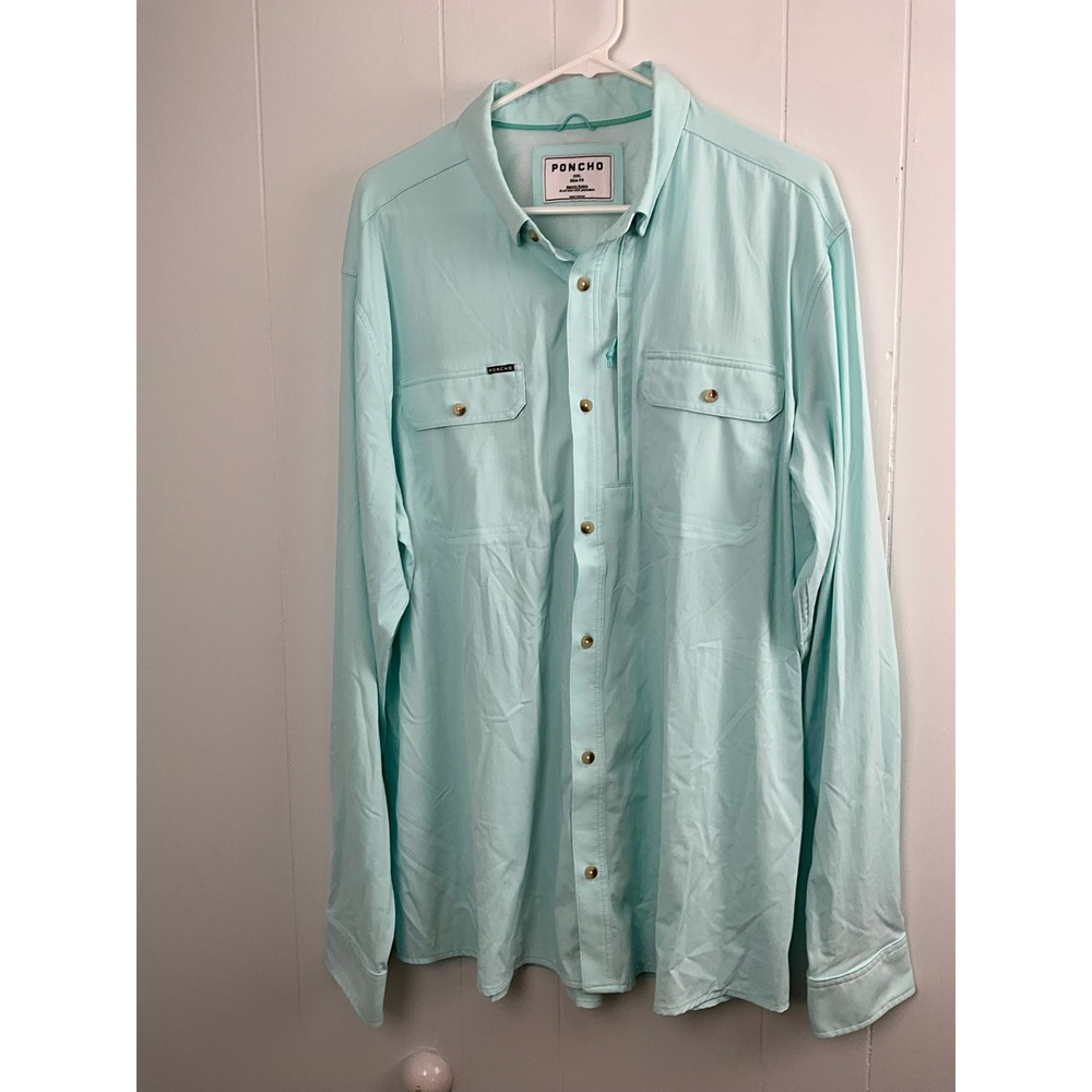 Poncho Outdoors Mens XXL Slim Fit Fishing Shirt Magnetic Buttons Light Blue Mint